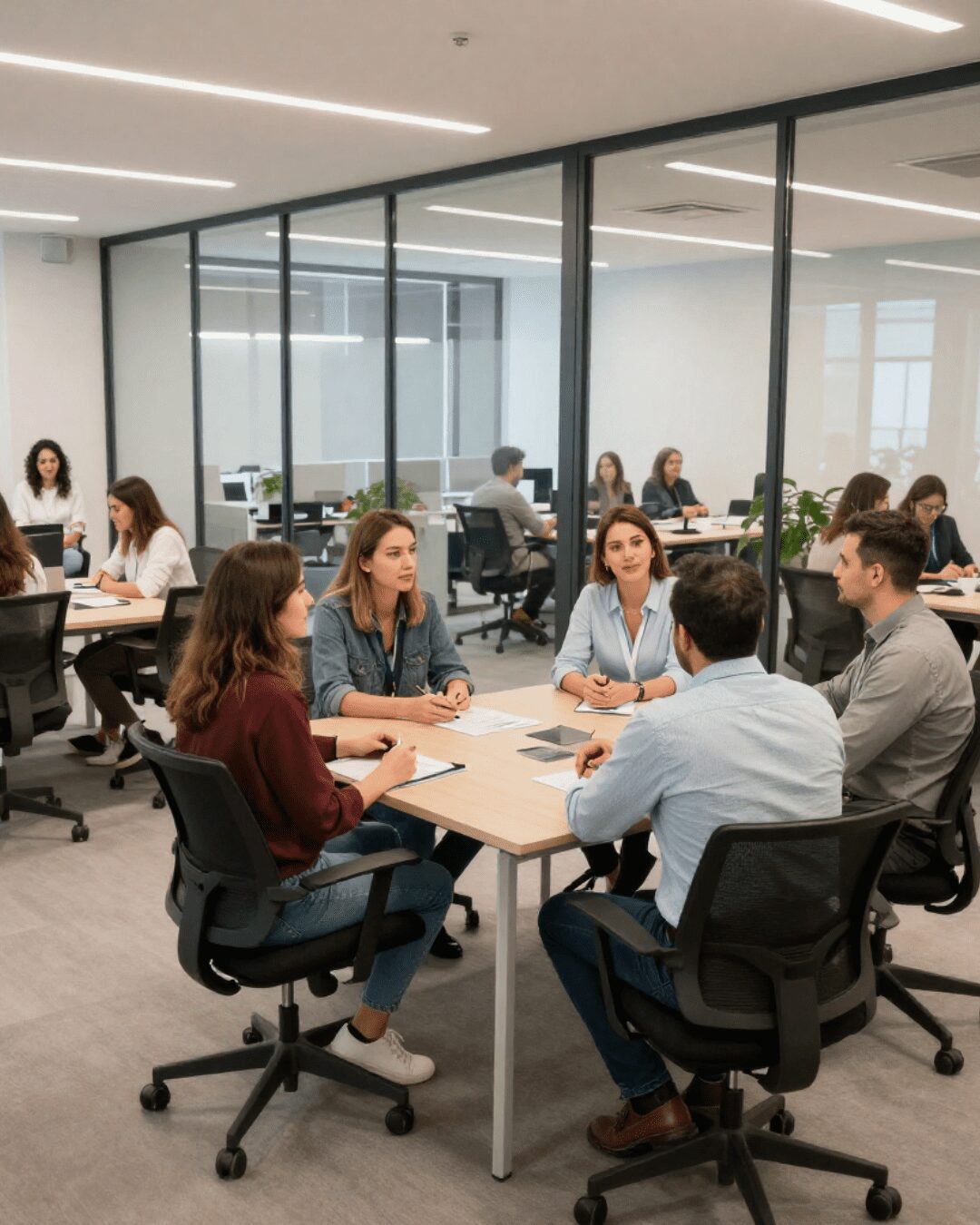 Ofis ortamında toplantı ve e-ticaret çalışması.